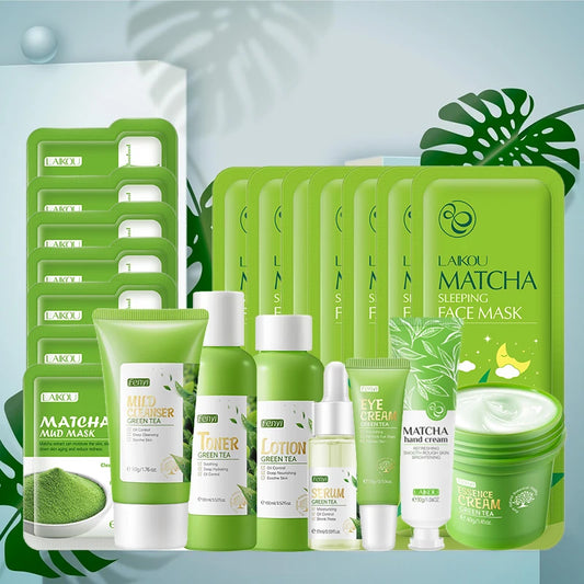 Green Tea & Sakura Skincare Kit | Korean Cosmetics for Women | Moisturizing, Acne Care & Exfoliating Face Set