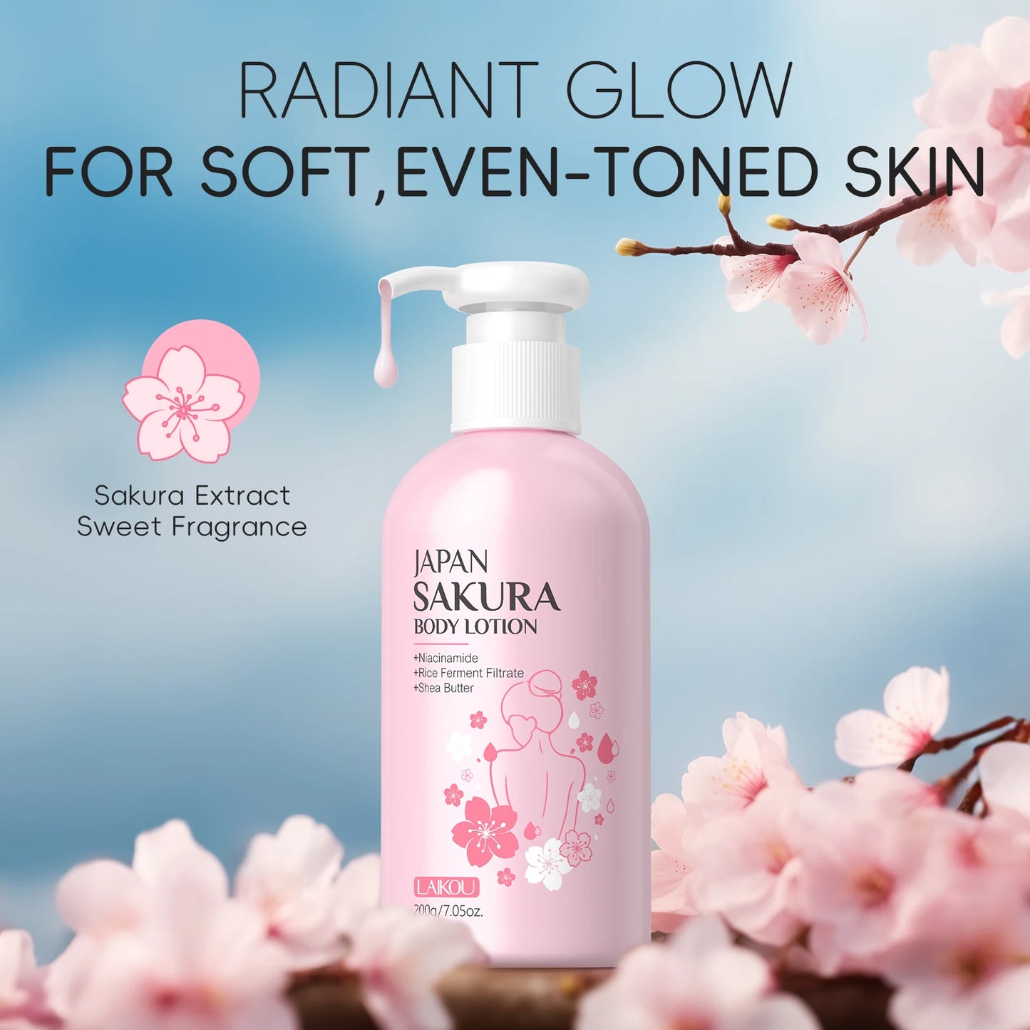LAIKOU Japan Sakura Body Lotion – 200g / 120g / 80g Moisturizing & Whitening Cream with Niacinamide & Sake Extract