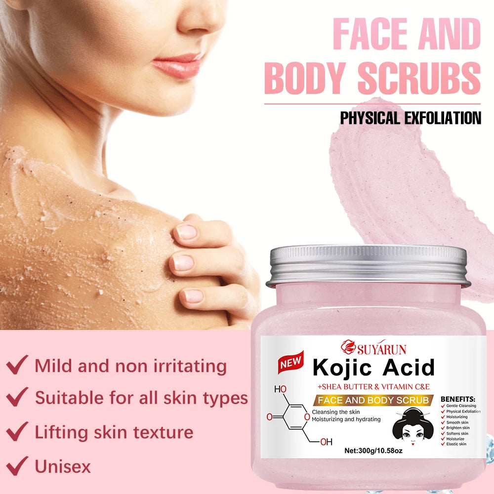 SUYARUN Kojic Acid Exfoliating Body Scrub - Brightening Dark Spot Remover, Natural Skin Smoothing Scrub for Soft Glowing Skin.
