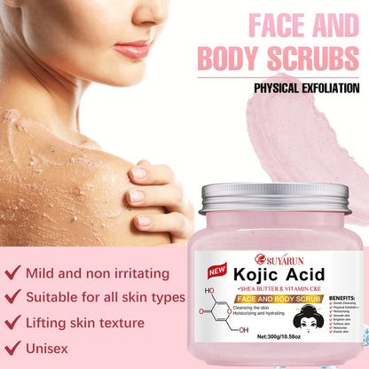 SUYARUN Kojic Acid Exfoliating Body Scrub - Brightening Dark Spot Remover, Natural Skin Smoothing Scrub for Soft Glowing Skin.