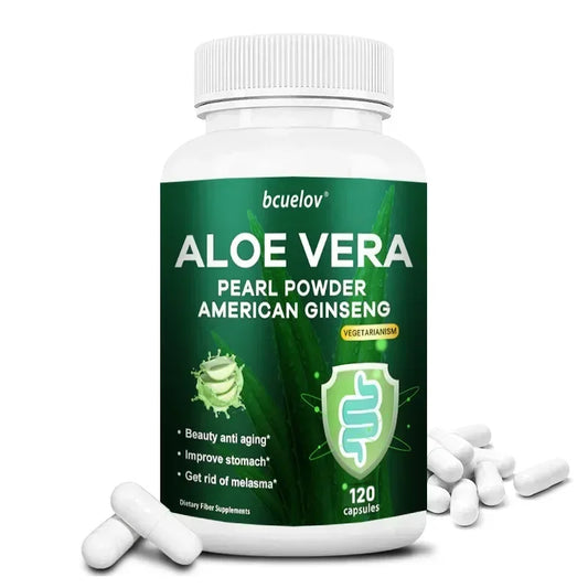 Bcuelov | Aloe Vera Capsules with Pearl Powder & Ginseng | Fat Burn, Detox, Digestion, Skin & Immune Support | 120 Capsules