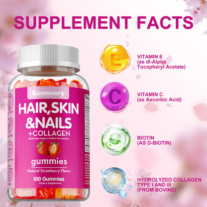 Xemenry | High Potency Biotin Gummies with Collagen | Healthy Hair, Skin & Nails Support | 60 Gummies
