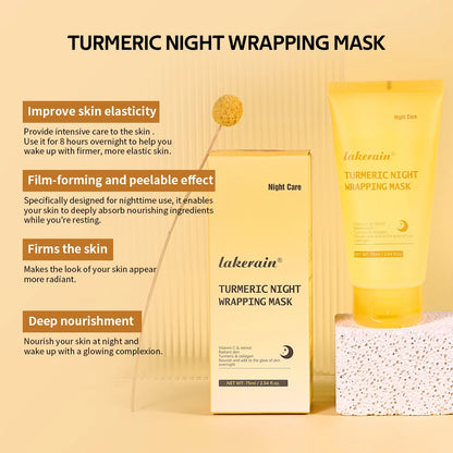 Lakerain Kojic Acid & Turmeric Night Wrapping Mask | Peel-Off Overnight Treatment with Collagen | Nourishing, Firming & Brightening | 75ml