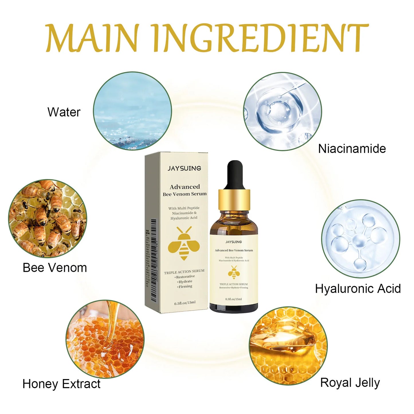 JAYSUING Bee Venom Facial Serum | Triple Action: Wrinkle Reduction, Skin Tightening & Hydration | With Peptides, Niacinamide & Hyaluronic Acid | 1/2/3pcs x 15ml