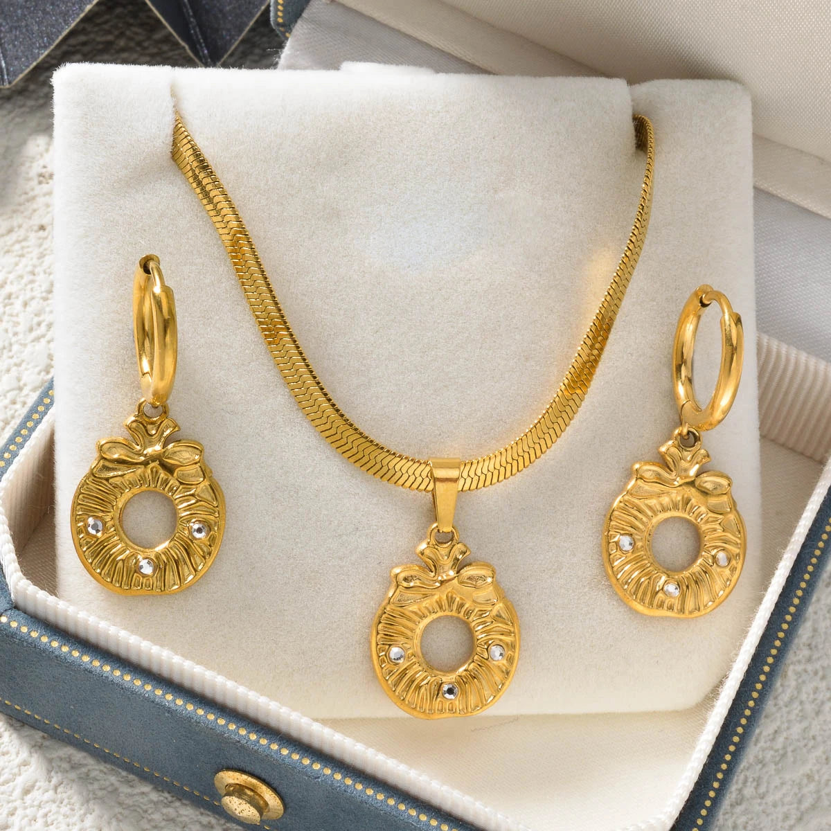 Stainless Steel Necklace Earrings Set Trend Moon Star Hollow Pendant For Women Fashion Party 18K Gold-Plated Jewelry Set Gift