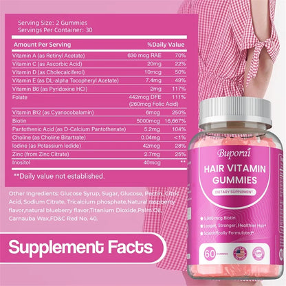 BUPORAI | Hair Vitamin Gummies | Care for Skin, Nails & Hair – Anti-Aging & Glowing Skin Support | 60 Gummies