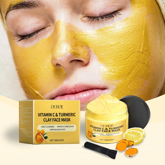 OUHOE Vitamin C & Turmeric Clay Face Mask | Deep Cleansing, Pore Shrinking, Brightening & Hydrating | Reduce Dullness & Dark Spots | 120g