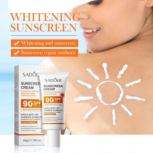 SADOER Sunscreen SPF 90+ PA+++ – 50g Whitening, Waterproof & Long-Lasting Moisturizing Sunblock