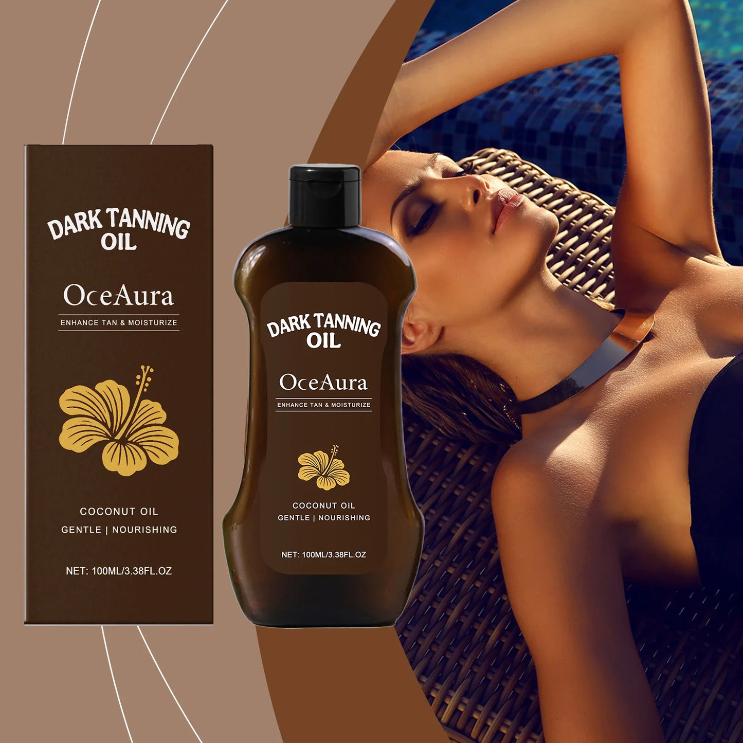 OCEAURA Coconut Dark Tanning Oil Long Lasting Bronzer Outdoor Summer Beach Brown Long Lasting Sunless Fake Tan Body Lotion 100m