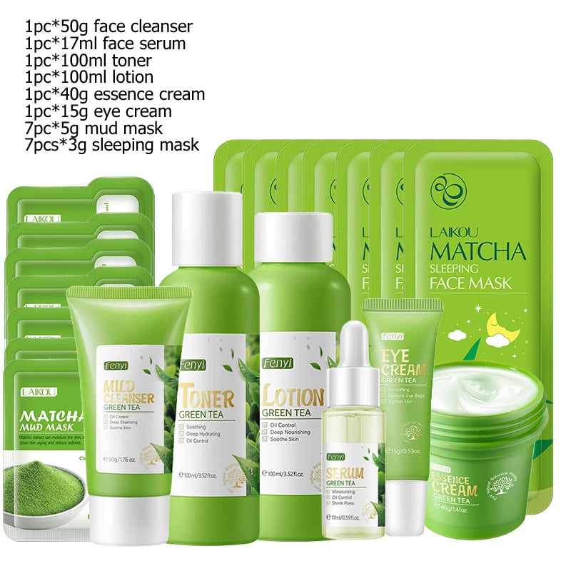 Green Tea & Sakura Skincare Kit | Korean Cosmetics for Women | Moisturizing, Acne Care & Exfoliating Face Set
