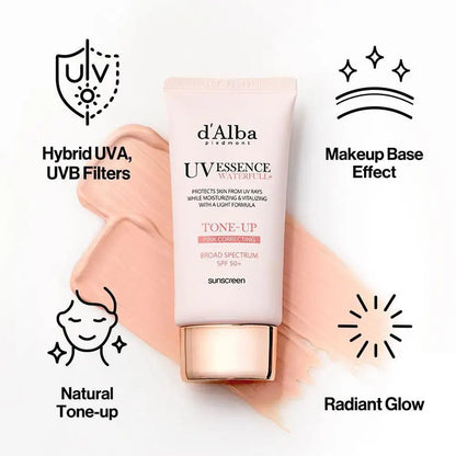 d'Alba UV Essence Waterfull+ Sunscreen SPF 50+ PA++++ | Full Body UV Protection, Hydrating & Tone-Up Pink Correcting Sun Cream | 50ml