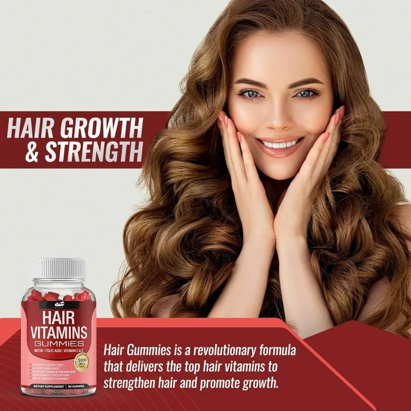 Hair Vitamin Gummies Supplement - Biotin, Folic Acid, Vitamin C and E | Supports Hair, Skin & Nails | Non-GMO | 60 Gummies
