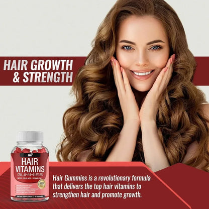 Hair Vitamin Gummies Supplement - Biotin, Folic Acid, Vitamin C and E | Supports Hair, Skin & Nails | Non-GMO | 60 Gummies