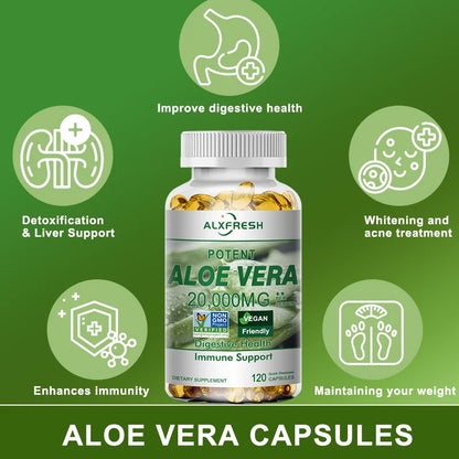 ALXFRESH | Aloe Vera 20,000mg Capsules | Digestive Health, Detox, Liver & Immune Support | 120 Capsules