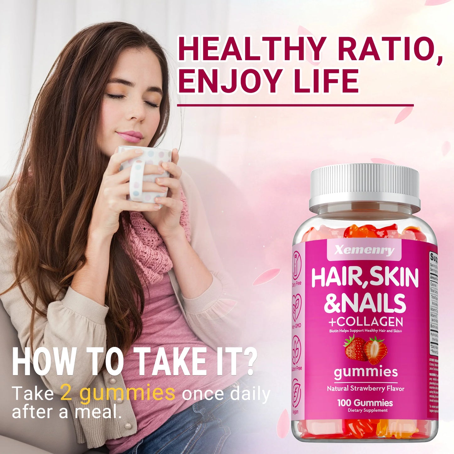 Xemenry | High Potency Biotin Gummies with Collagen | Healthy Hair, Skin & Nails Support | 60 Gummies