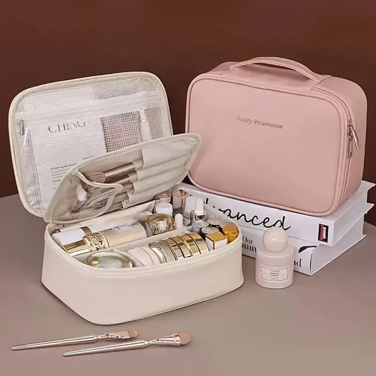 Large Capacity Waterproof PU Cosmetic Bag with Divider, Portable Travel Cosmetic Toiletry Storage Bag, Cosmetic Travel Bag  ...