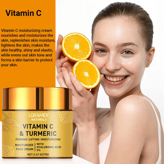 LGRAMÉR Naturals Turmeric & Vitamin C Face Cream | Retinol & 5% Hyaluronic Acid | Firming, Lifting, Moisturizing & Whitening Skincare | 70g