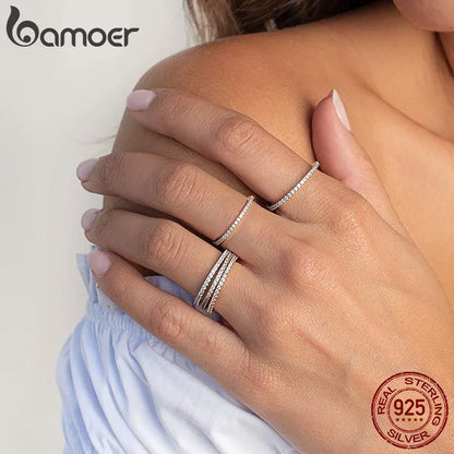 BAMOER 925 Sterling Silver Full pave CZ Simulated Diamond Stackable Ring, Women Gold Plated Engagement Wedding Eternity Bands
