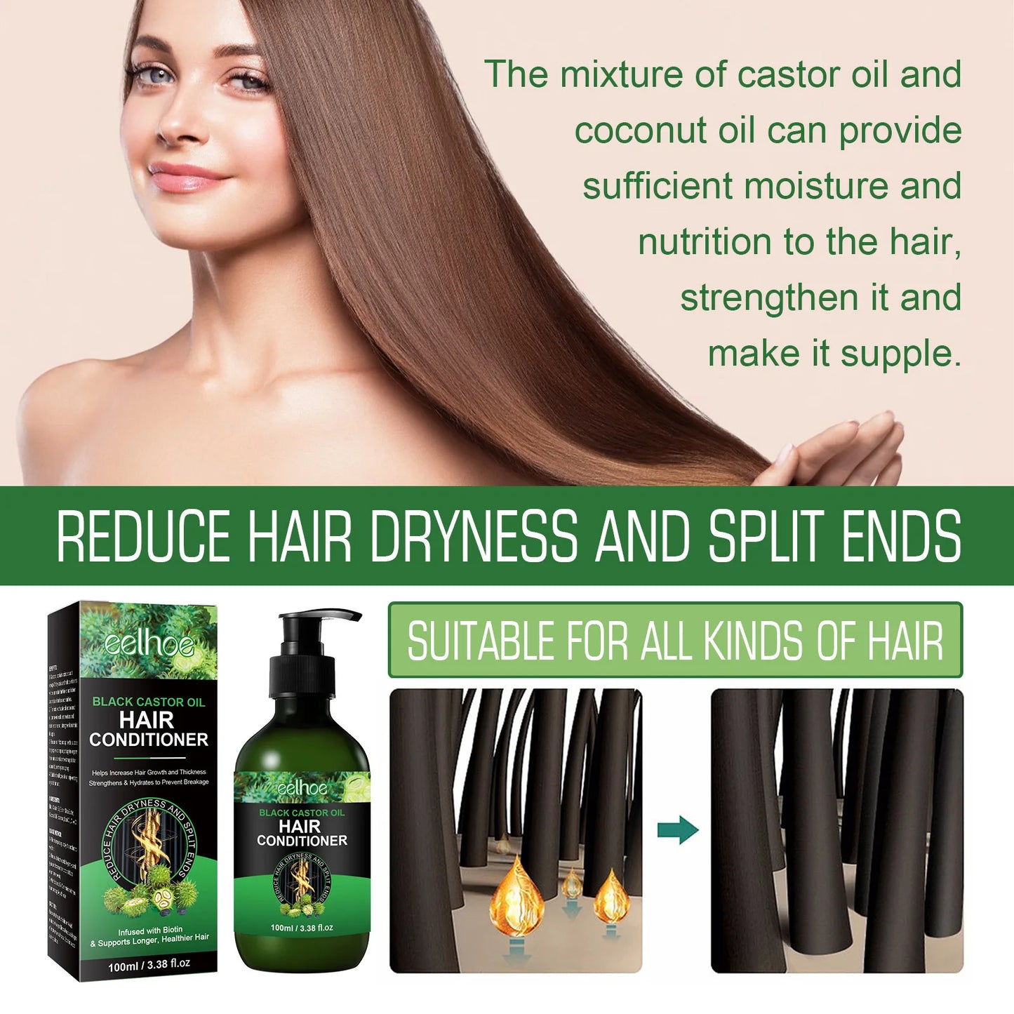 EELHOE Damaged Hair Repairing Conditioner Black Castor Oil for Silky Smoothing Hair Dry Frizzy Treatment Straighten Soft Restore