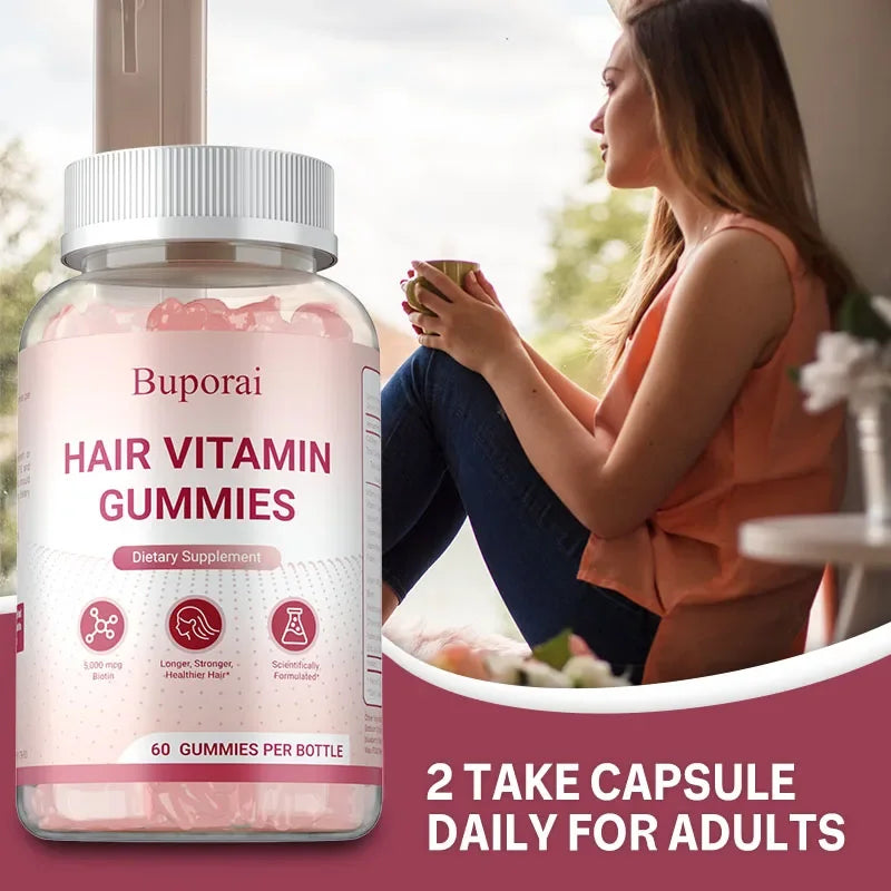 Buporai | Hair Growth Gummies | Strengthens Hair, Skin & Nails, Improves Elasticity | 60 Gummies