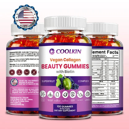 Coolkin | Beauty Gummies with Vegan Collagen & Biotin | Skin, Nail & Hair Health, Anti-Aging, Detox Support | 30 Gummies (15-Day Supply)