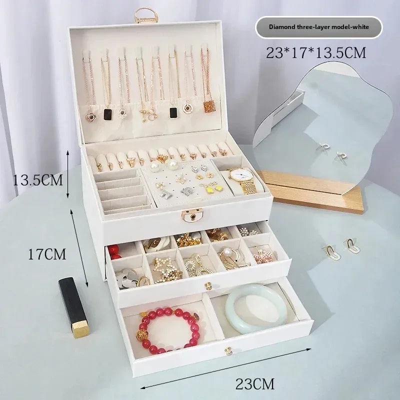 Diamond shaped three-layer lockable drawer jewelry box, household jewelry storage box, portable large capacity jewelry packaging