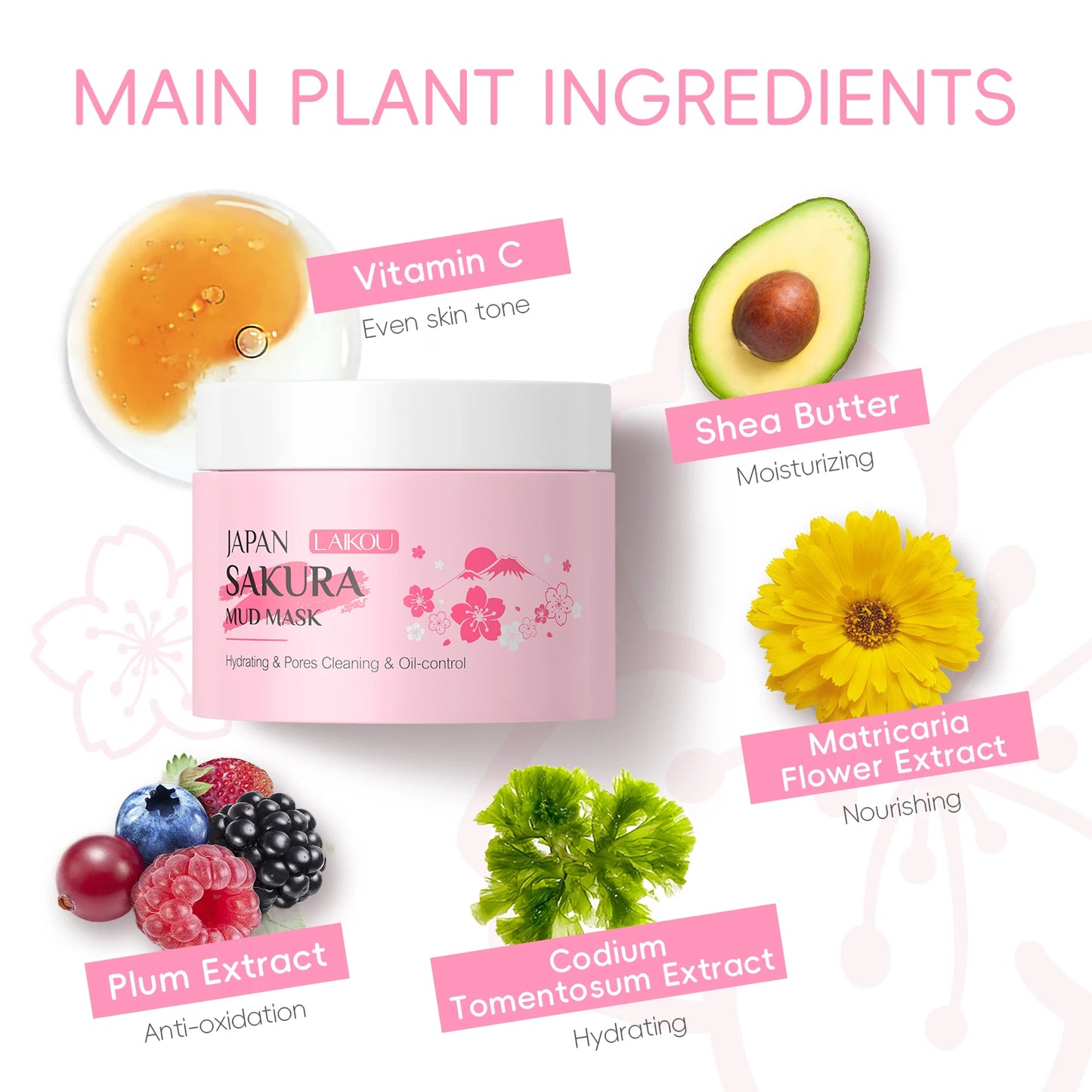LAIKOU Sakura Mud Mask 25g Deep Cleansing Brightening Oil Control Face Mask Boost Radiance