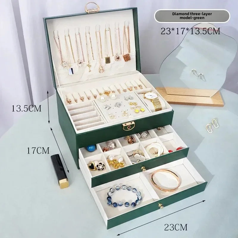 Diamond shaped three-layer lockable drawer jewelry box, household jewelry storage box, portable large capacity jewelry packaging