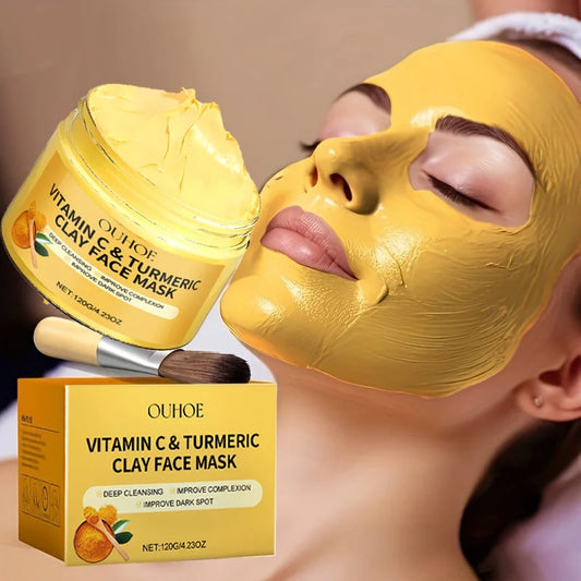 OUHOE Vitamin C & Turmeric Clay Face Mask | Deep Cleansing, Exfoliating & Pore Refining | Brighten Complexion & Fade Dark Spots | 120g