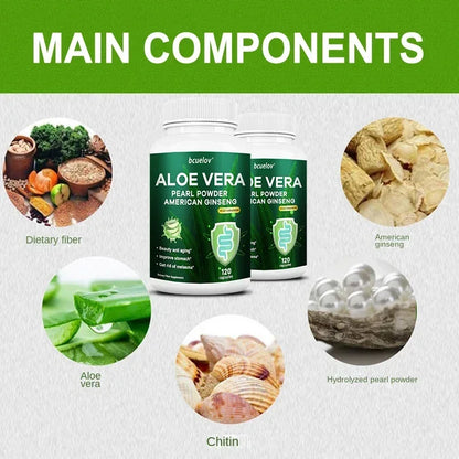 Bcuelov | Aloe Vera Capsules with Pearl Powder & Ginseng | Fat Burn, Detox, Digestion, Skin & Immune Support | 120 Capsules