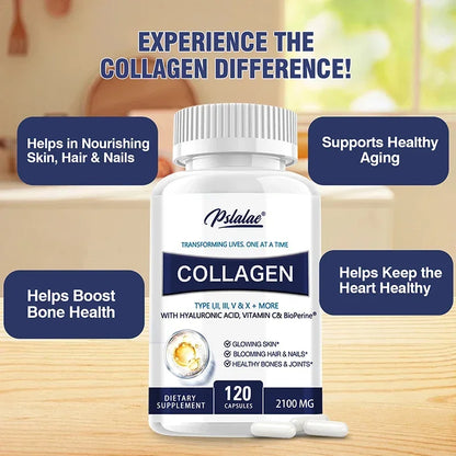 Pslalae | Collagen Capsules with Hyaluronic Acid & Vitamin C | Skin, Hair, Nails, Joints Support | 30/60/120 Capsules