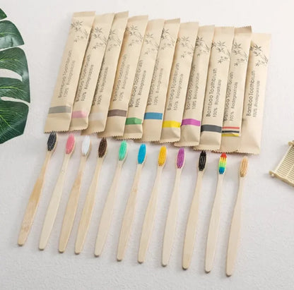 Bamboo, Natural Cowhide Wrap | Eco-Friendly Toothbrush Set| 10 Pcs