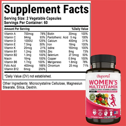 Buporai | Women's Daily Multivitamin with Vitamins A, C, E, D, K | Energy, Skin, Bone & Immune Support