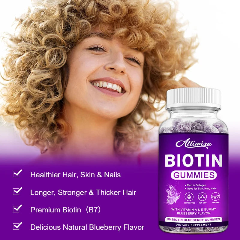 Allimise | Biotin Gummies with Collagen & Vitamins A & E | Hair Growth, Skin & Nails Support, Gluten-Free, Non-GMO | 60 Gummies