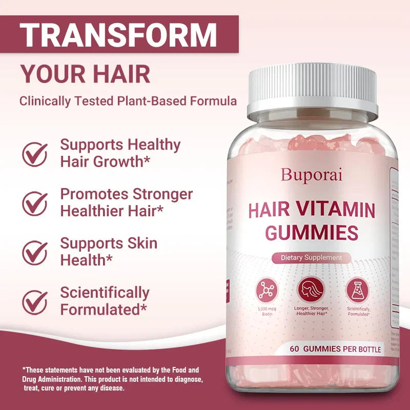 Buporai | Hair Growth Gummies | Strengthens Hair, Skin & Nails, Improves Elasticity | 60 Gummies