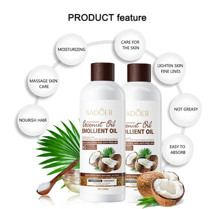 SADOER Coconut Massage & Body Oil | Nourishes Hair, Firms Skin & Lightens Fine Lines | Soothes Dry Skin & Reduces Frizz | 250ml