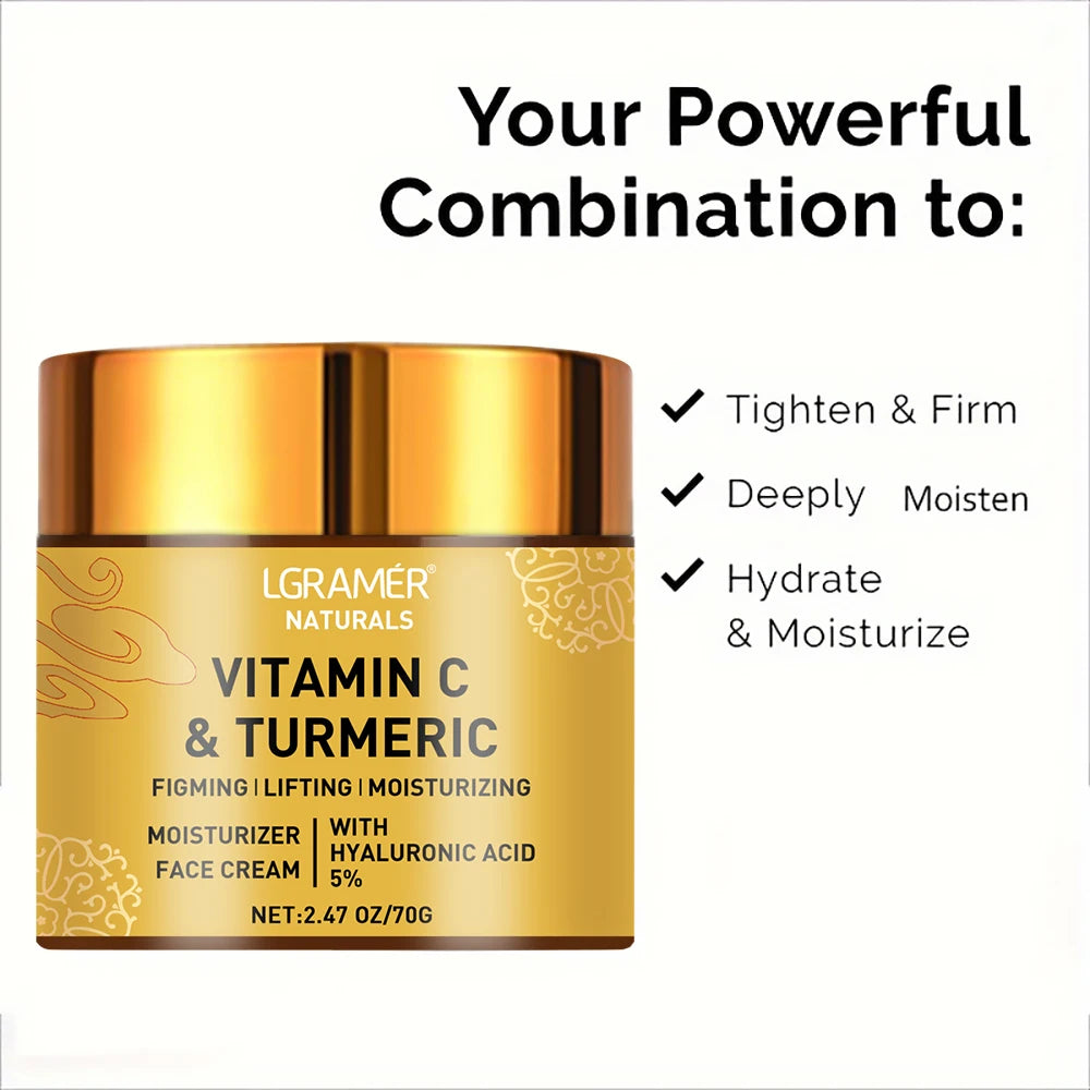 LGRAMÉR Naturals Turmeric & Vitamin C Face Cream | Retinol & 5% Hyaluronic Acid | Firming, Lifting, Moisturizing & Whitening Skincare | 70g