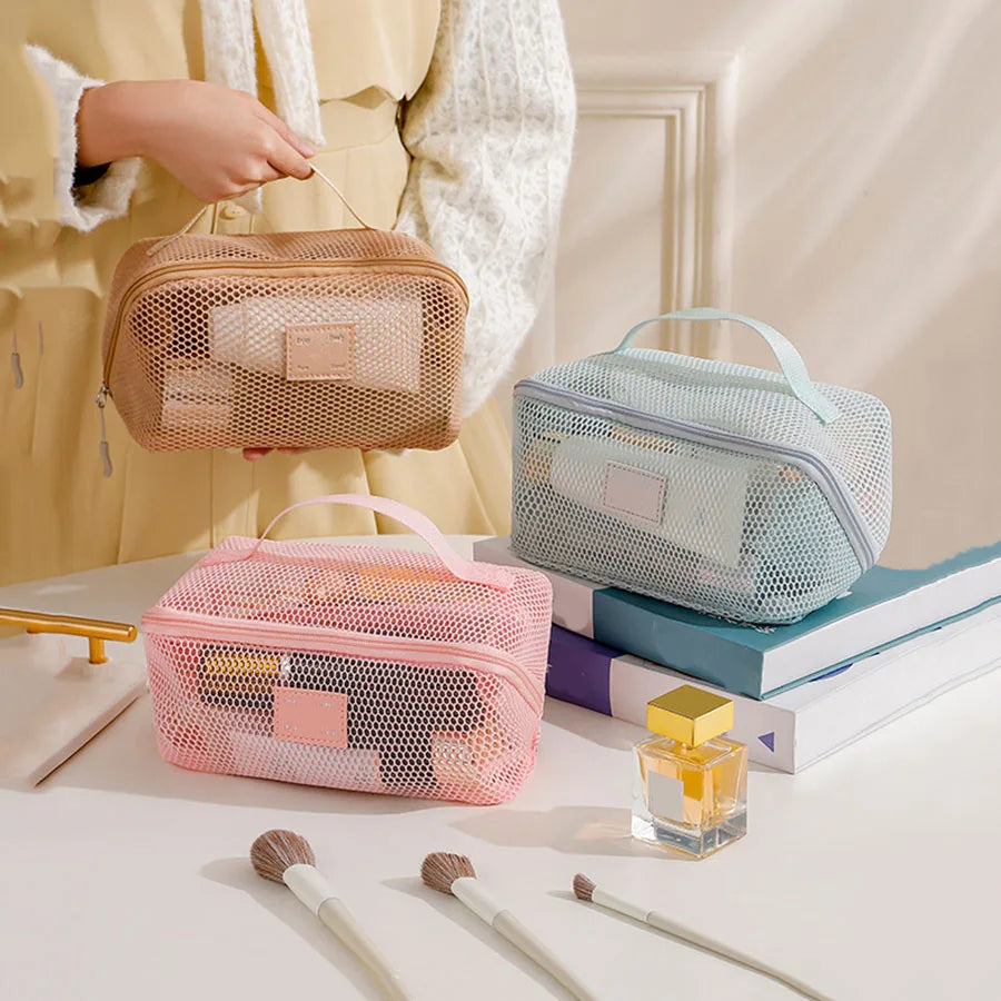 Large Capacity Mesh Handheld Makeup Bag Zipper Multi-layer Transparent Mesh Cosmetic Bag Organizer Case Square