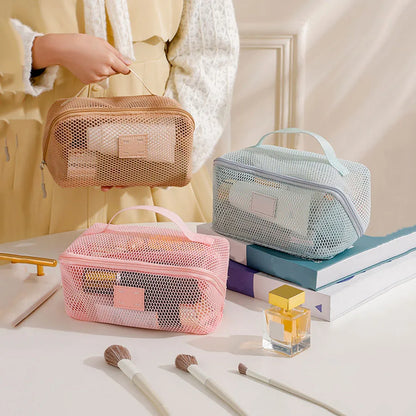 Large Capacity Mesh Handheld Makeup Bag Zipper Multi-layer Transparent Mesh Cosmetic Bag Organizer Case Square