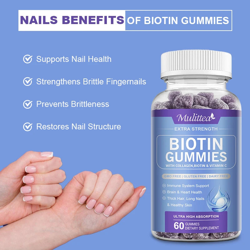 Mulittea | Extra Strength Biotin Gummies with Collagen & Vitamin C | Hair, Nails, Skin & Immune Support | 60 Gummies