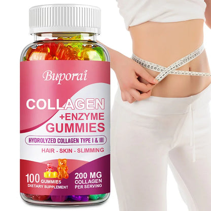 Buporai | Collagen + Enzyme Gummies with Biotin | Hair Growth, Skin Care, Nails, Bone & Joint Support | 100 Gummies