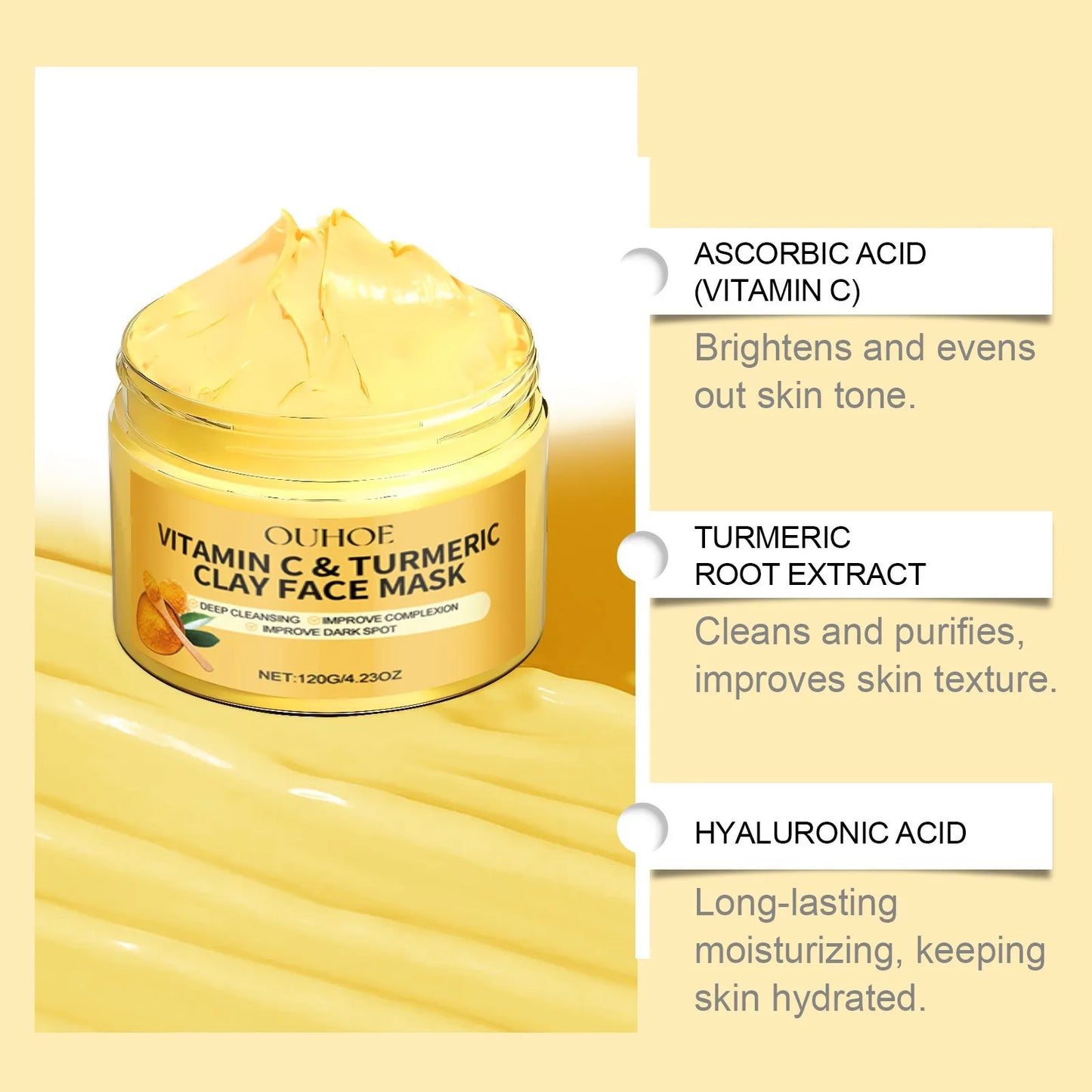 OUHOE Vitamin C & Turmeric Clay Face Mask | Deep Cleansing, Exfoliating & Pore Refining | Brighten Complexion & Fade Dark Spots | 120g