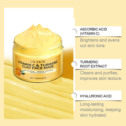 OUHOE Vitamin C & Turmeric Clay Face Mask | Deep Cleansing, Exfoliating & Pore Refining | Brighten Complexion & Fade Dark Spots | 120g