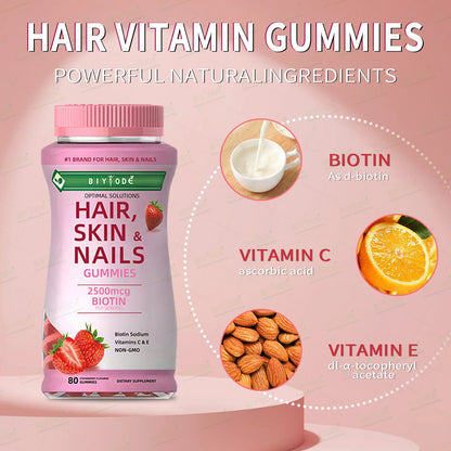 BIYYODĚ | Biotin Hair Gummies 2500mcg | Hair, Skin & Nails Support, Vitamins C & E, Non-GMO | 80 Gummies
