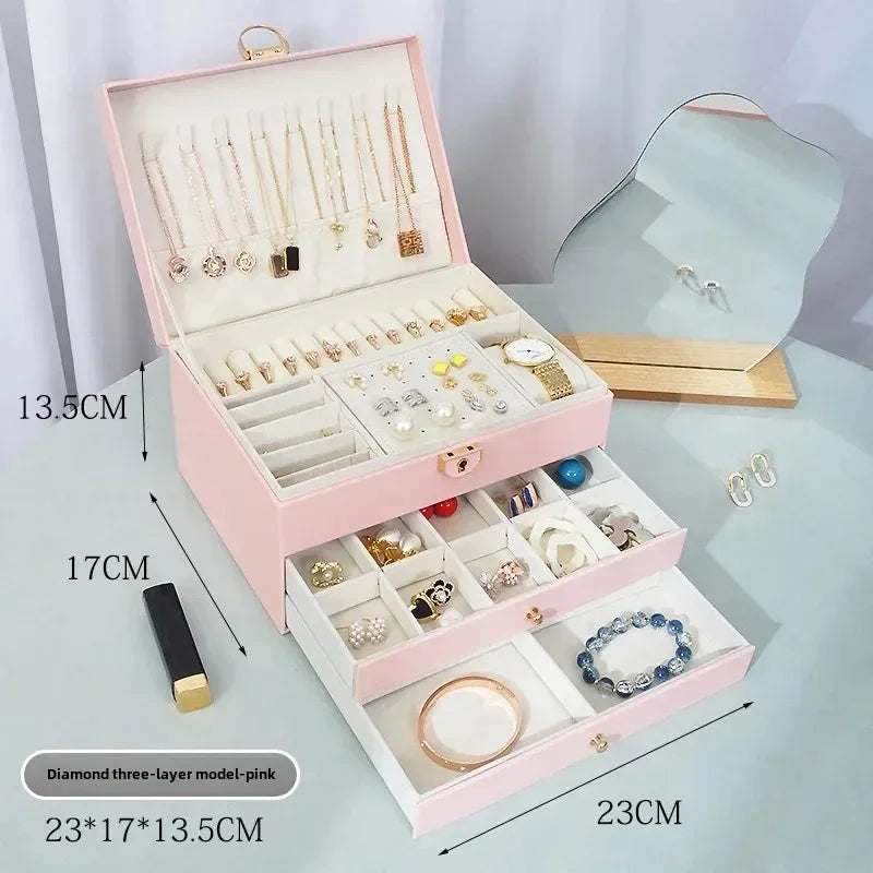 Diamond shaped three-layer lockable drawer jewelry box, household jewelry storage box, portable large capacity jewelry packaging