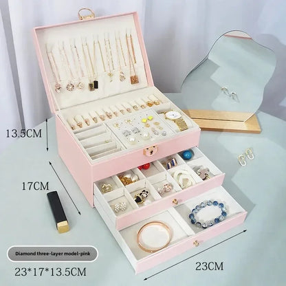 Diamond shaped three-layer lockable drawer jewelry box, household jewelry storage box, portable large capacity jewelry packaging
