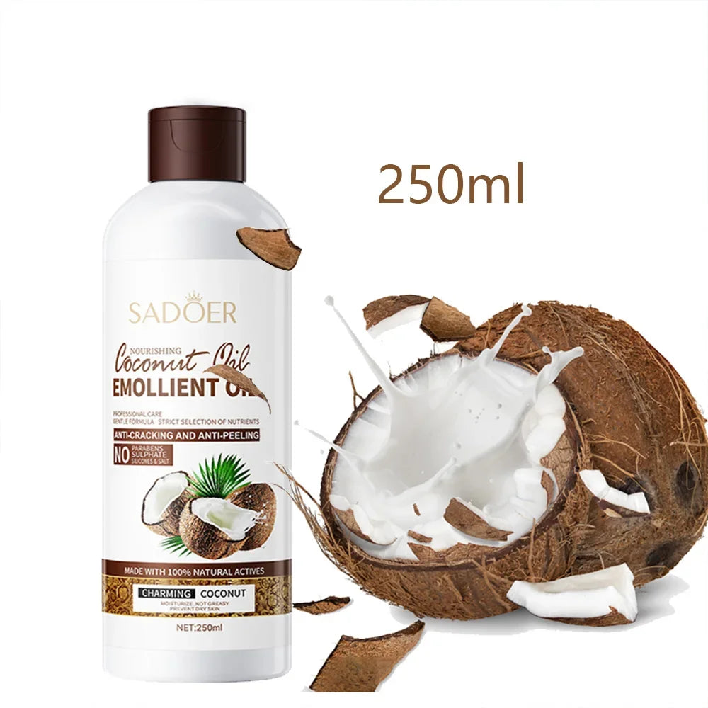 SADOER Coconut Massage & Body Oil | Nourishes Hair, Firms Skin & Lightens Fine Lines | Soothes Dry Skin & Reduces Frizz | 250ml