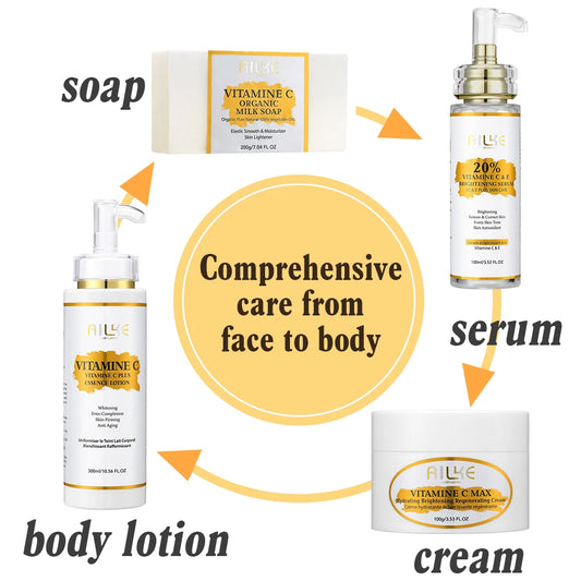 AILKE Vitamin C Skin Care Set, with Lightening Body Lotion, Even Skin Tone Face Cream, Whitening Serum, Brightening Soap