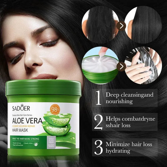 SADOER Aloe Vera Hair Mask | Moisturizing, Repairing & Keratin-Infused Treatment | Soft, Smooth & Nourished Hair Care | 500g