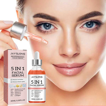 JAY SUING 5-in-1 Professional Facial Serum | Hyaluronic Acid, Vitamin C, Niacinamide, Collagen & Vitamin E | Anti-Wrinkle, Spot-Fading & Pore-Minimizing | 30ml